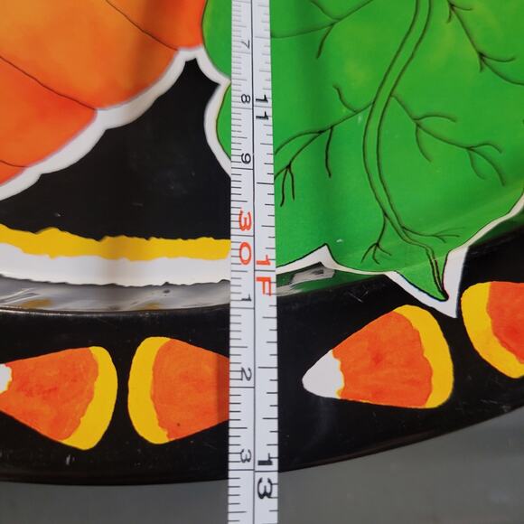 Vintage Halloween Pumpkin Tin Serving Tray – Candy Corn Border 13" Cutesy - Picture 5 of 5
